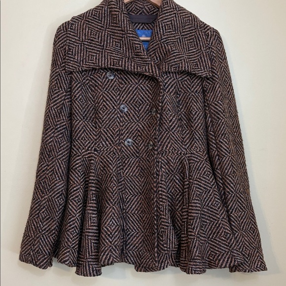 Free People Brown Metallic Patricia Pea Coat Chevron Tweed Peplum Ruffle Jacket - Picture 11 of 15
